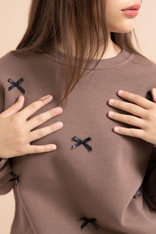 Kahve Fiyonk Nakışlı Bisiklet Yaka Kız Çocuk Şardonlu Eşofman Takımı 21290