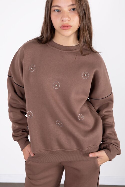 Kahve Payet İşlemeli Şardonlu Kız Çocuk 2li Eşofman Takımı 21424