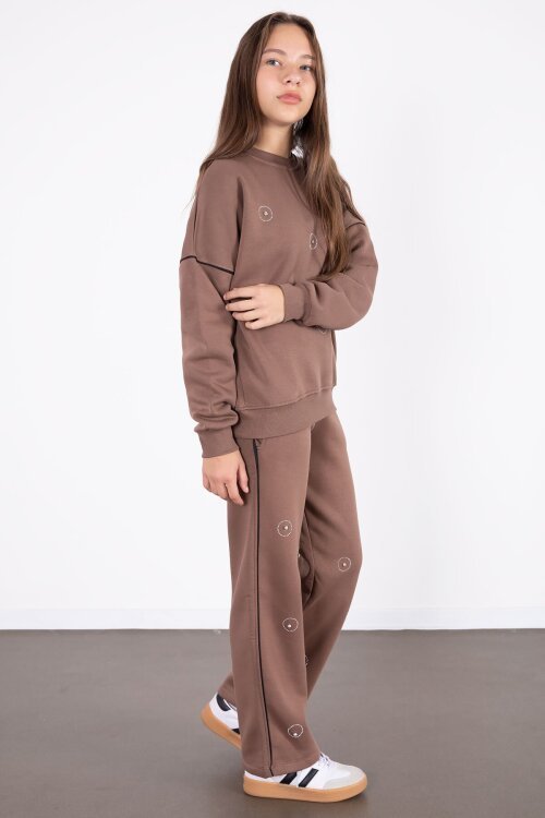 Kahve Payet İşlemeli Şardonlu Kız Çocuk 2li Eşofman Takımı 21424