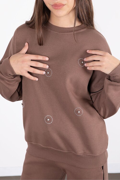 Kahve Payet İşlemeli Şardonlu Kız Çocuk 2li Eşofman Takımı 21424