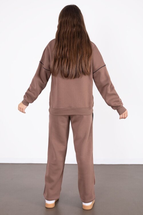 Kahve Payet İşlemeli Şardonlu Kız Çocuk 2li Eşofman Takımı 21424