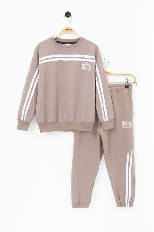 Kahve Şerit Detaylı Bisiklet Yaka Erkek Çocuk Basic Eşofman Takımı 21261