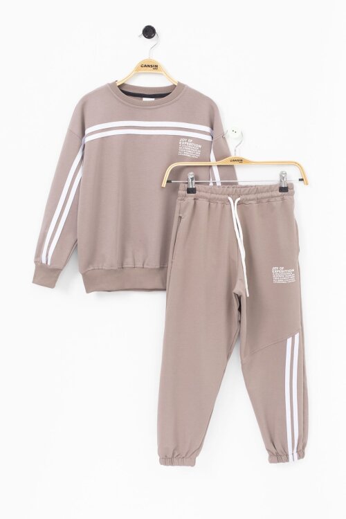 Kahve Şerit Detaylı Bisiklet Yaka Erkek Çocuk Basic Eşofman Takımı 21261