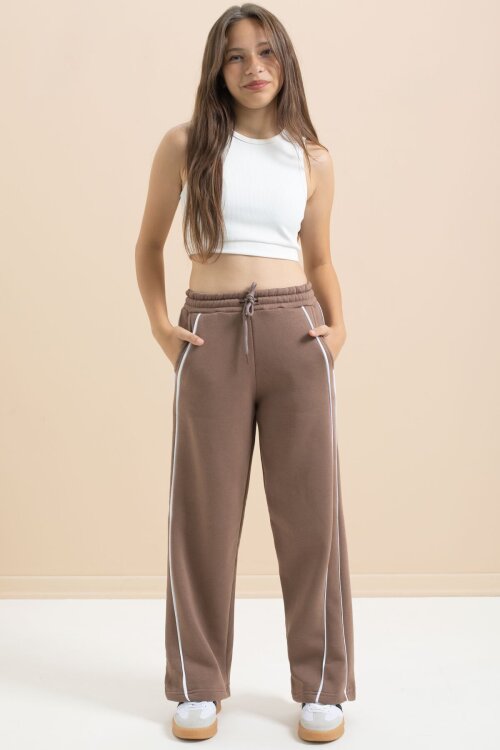 Kahve Yanları Şeritli Geniş Paça Kız Çocuk Şardonlu Eşofman Altı 21463