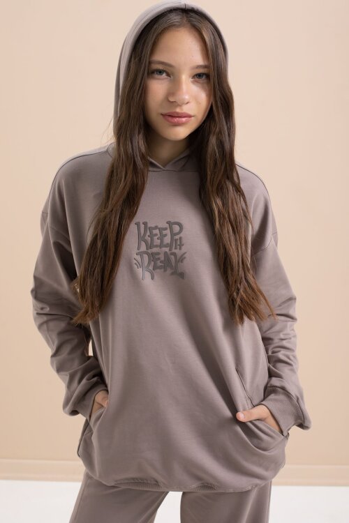 Kahve Yazı Baskılı Kapüşonlu Geniş Paça Kız Çocuk Eşofman Takımı 21430