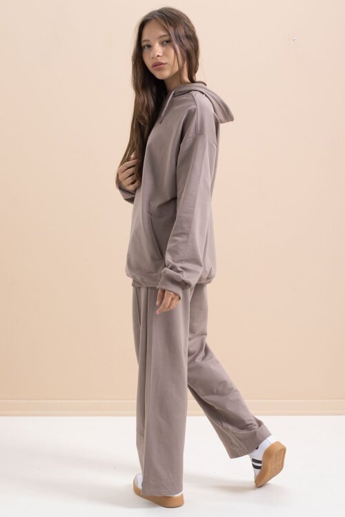 Kahve Yazı Baskılı Kapüşonlu Geniş Paça Kız Çocuk Eşofman Takımı 21430