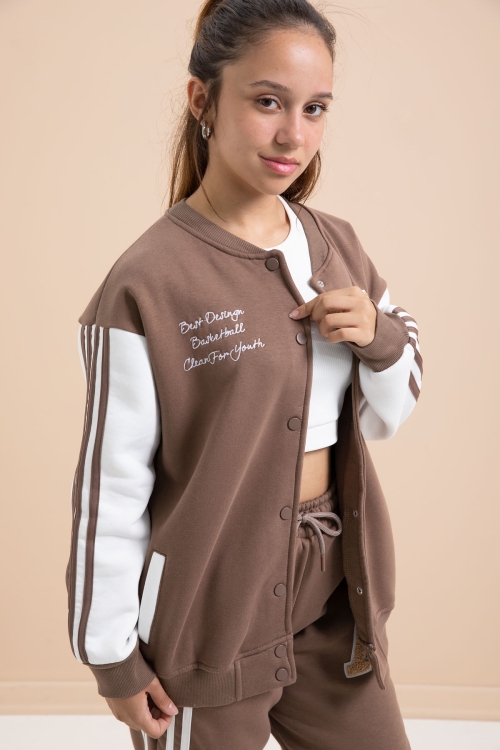 Kahve Yazılı Kolej Ceketli Kız Çocuk Şeritli 3 İplik Şardonlu Eşofman Takımı 21295