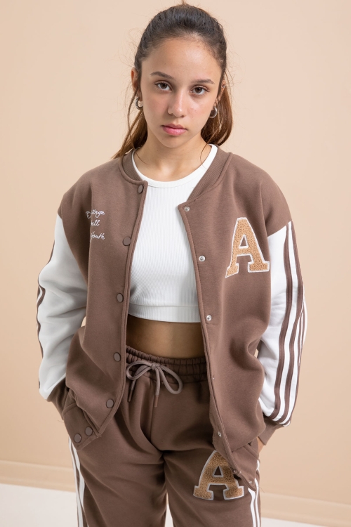 Kahve Yazılı Kolej Ceketli Kız Çocuk Şeritli 3 İplik Şardonlu Eşofman Takımı 21295