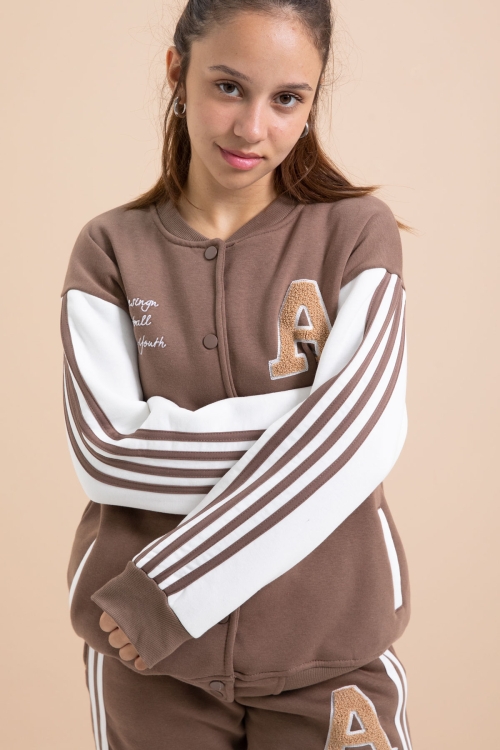 Kahve Yazılı Kolej Ceketli Kız Çocuk Şeritli 3 İplik Şardonlu Eşofman Takımı 21295