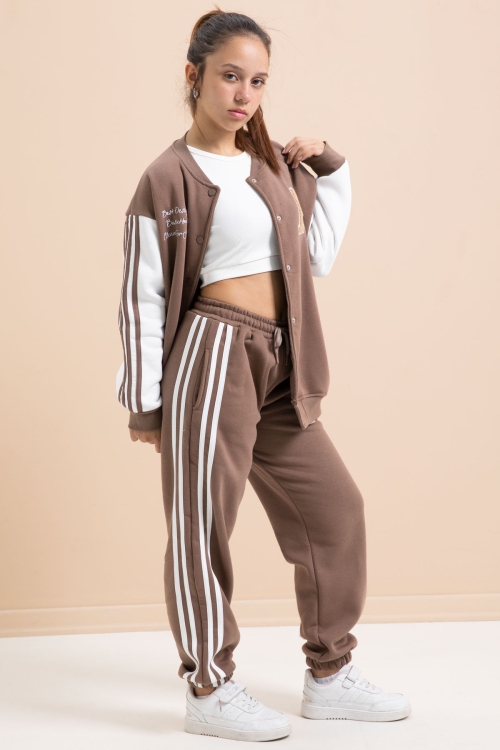 Kahve Yazılı Kolej Ceketli Kız Çocuk Şeritli 3 İplik Şardonlu Eşofman Takımı 21295