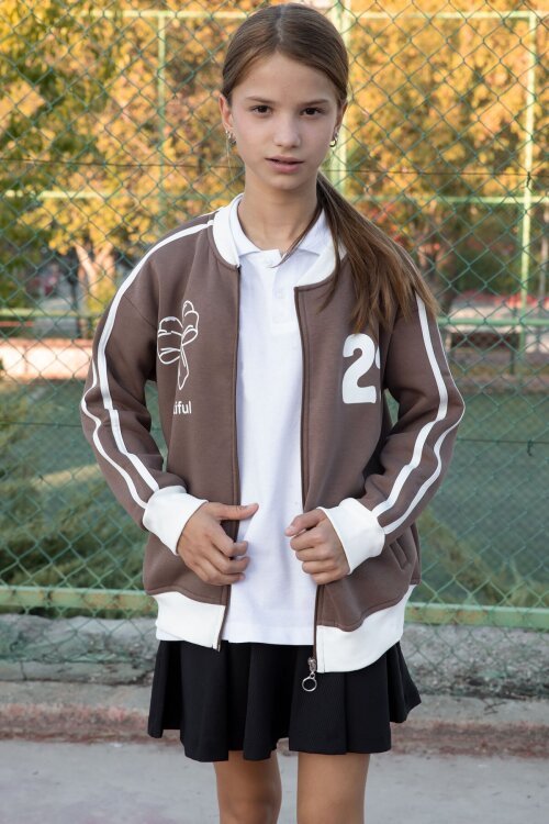 Kahverengi Beautifull Yazılı Kolu Şeritli Kız Çocuk Kolej Hırka 21193