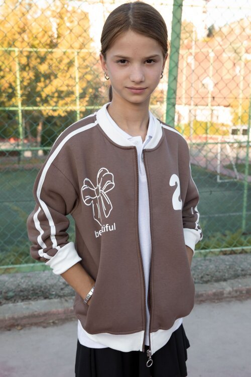 Kahverengi Beautifull Yazılı Kolu Şeritli Kız Çocuk Kolej Hırka 21193