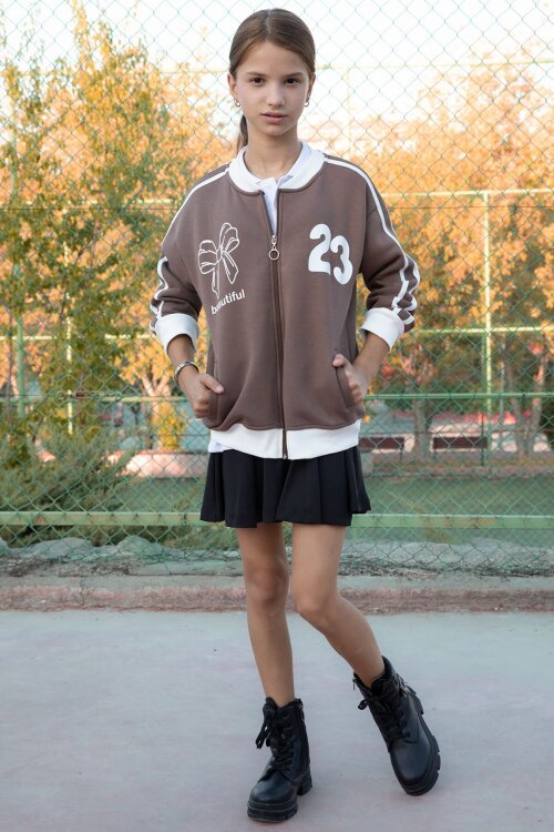 Kahverengi Beautifull Yazılı Kolu Şeritli Kız Çocuk Kolej Hırka 21193