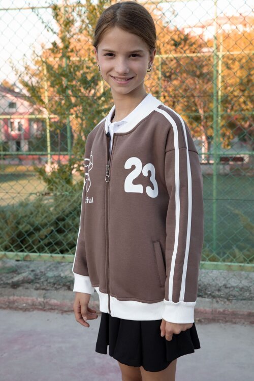 Kahverengi Beautifull Yazılı Kolu Şeritli Kız Çocuk Kolej Hırka 21193