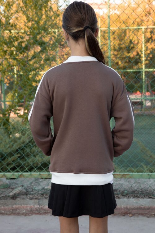 Kahverengi Beautifull Yazılı Kolu Şeritli Kız Çocuk Kolej Hırka 21193