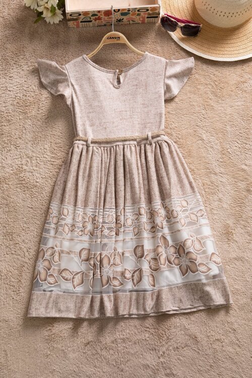 Kahverengi Çiçek Desenli Hasır Kuşaklı Kısa Kol Kız Çocuk Elbise 22650