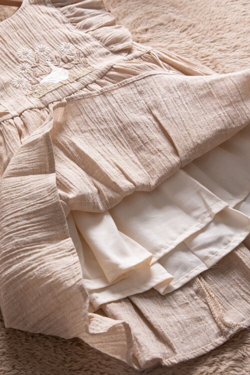 Kahverengi Çiçek Nakışlı Fırfırlı Kız Bebek Kısa Kol Elbise  22673