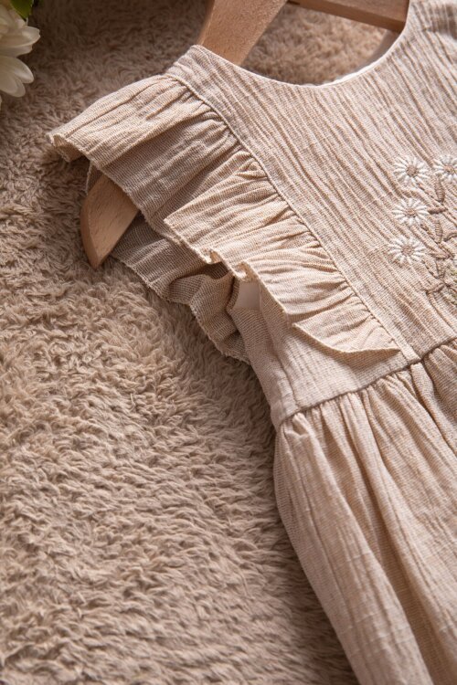 Kahverengi Çiçek Nakışlı Fırfırlı Kız Bebek Kısa Kol Elbise  22673