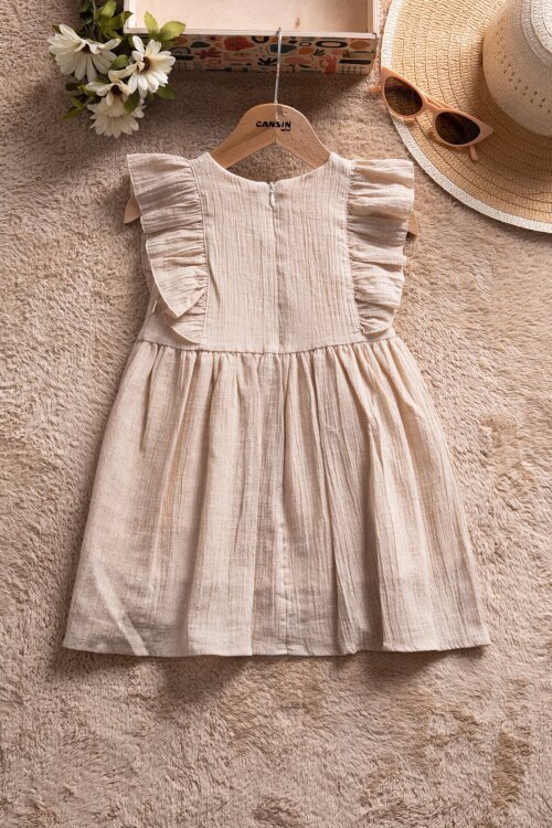 Kahverengi Çiçek Nakışlı Fırfırlı Kız Bebek Kısa Kol Elbise  22673