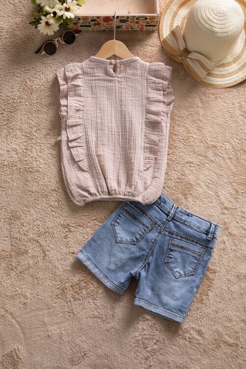 Kahverengi Dantel Detaylı Bluzlu Jean Şortlu Kız Çocuk 2li Takım 22662