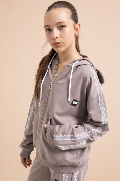 Kahverengi Dantel Şeritli Hırkalı Kız Çocuk 2li Eşofman Takımı 21245