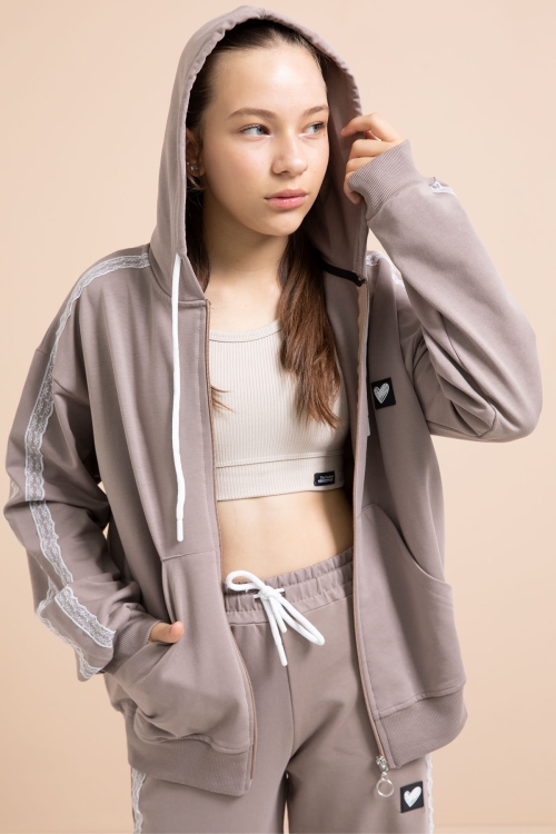 Kahverengi Dantel Şeritli Hırkalı Kız Çocuk 2li Eşofman Takımı 21245