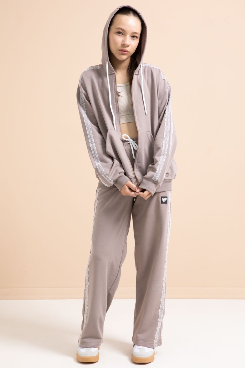 Kahverengi Dantel Şeritli Hırkalı Kız Çocuk 2li Eşofman Takımı 21245