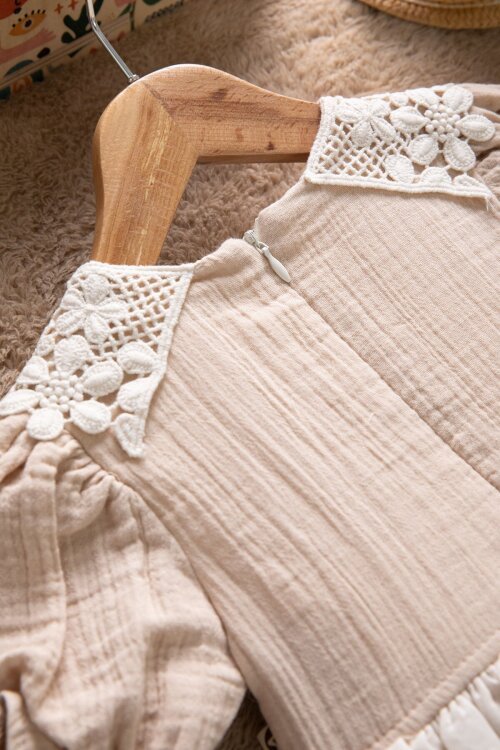 Kahverengi  Dantel Yakalı Kız Bebek Kısa Kol Elbise 22667