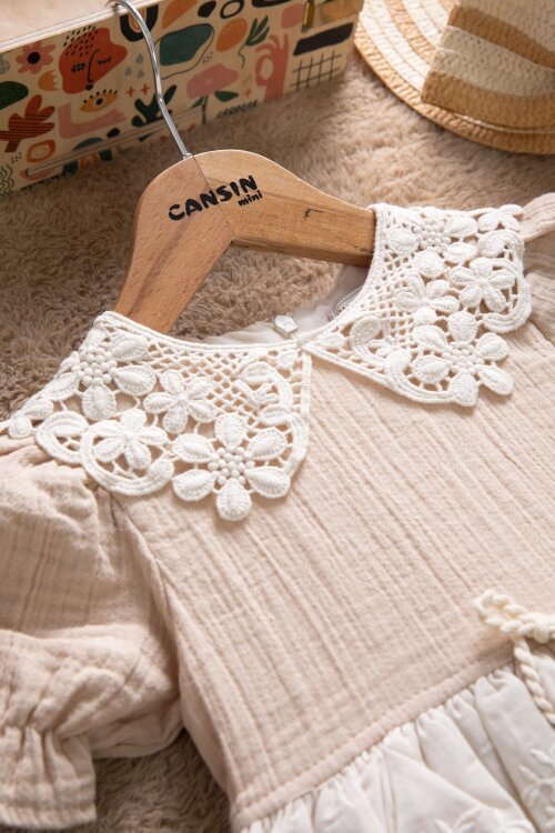 Kahverengi  Dantel Yakalı Kız Bebek Kısa Kol Elbise 22667