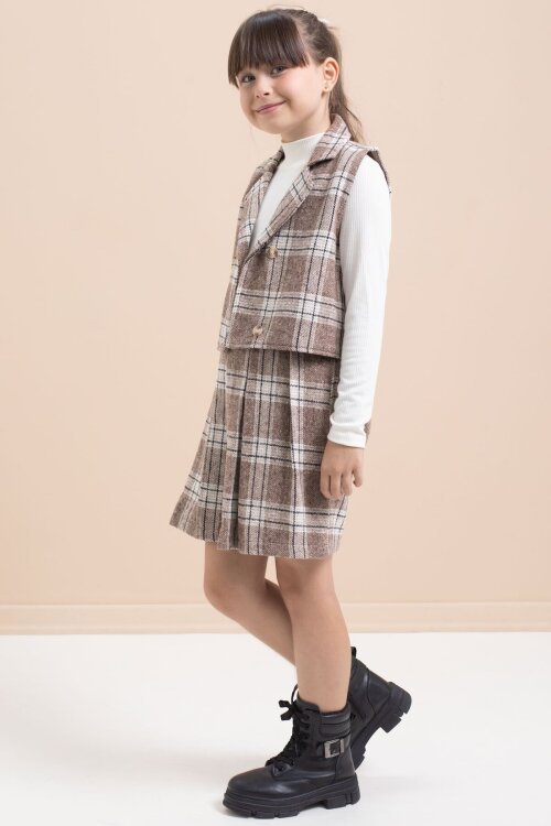 Kahverengi Ekose Desenli Düğme Detaylı Ceketli Kız Çocuk 2li Takım 21541