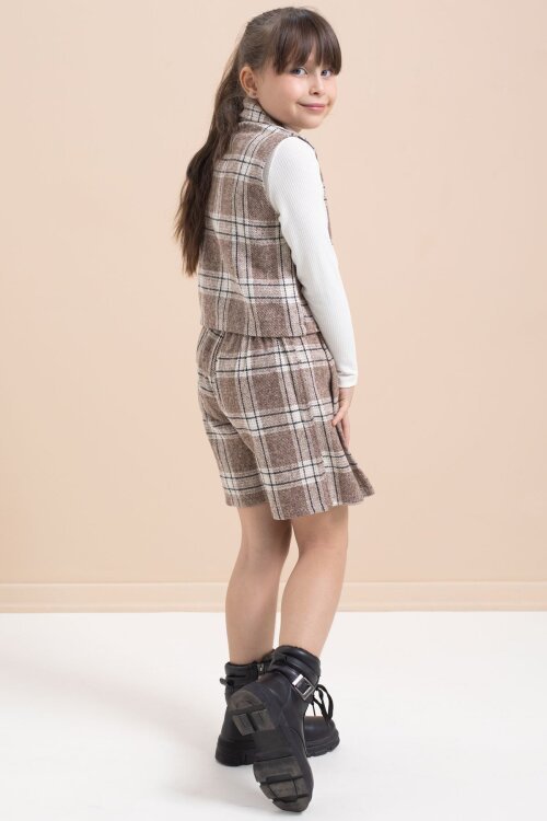 Kahverengi Ekose Desenli Düğme Detaylı Ceketli Kız Çocuk 2li Takım 21541