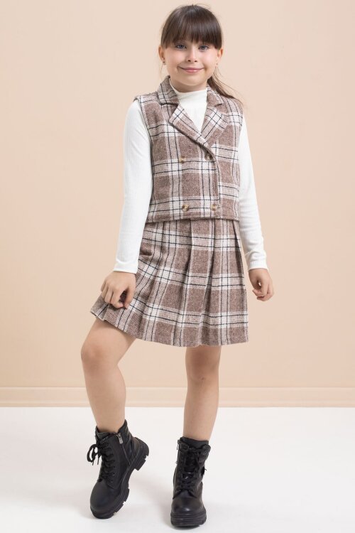 Kahverengi Ekose Desenli Düğme Detaylı Ceketli Kız Çocuk 2li Takım 21541