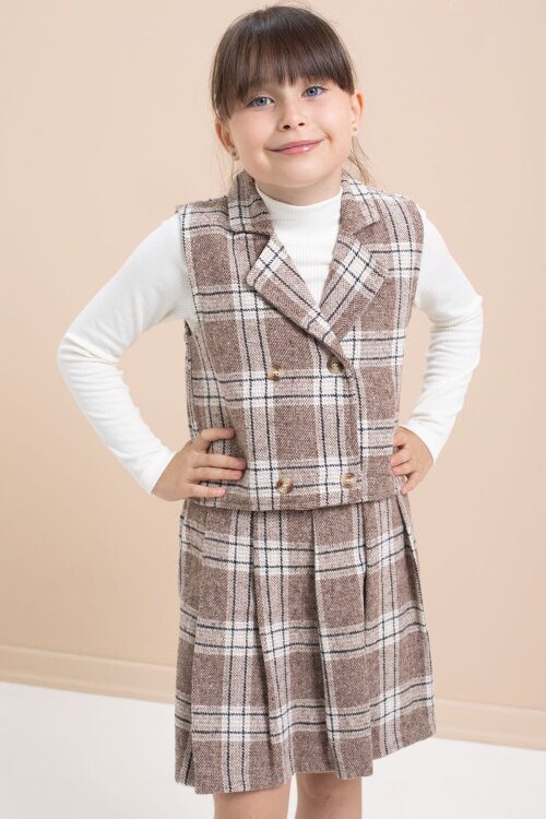 Kahverengi Ekose Desenli Düğme Detaylı Ceketli Kız Çocuk 2li Takım 21541