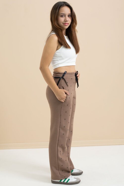 Kahverengi Fiyonk Baskılı Geniş Paça Kız Çocuk Şardonlu Eşofman Altı 21434