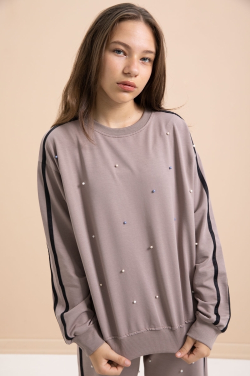 Kahverengi İnci İşlemeli Bisiklet Yaka Kız Çocuk Şeritli Eşofman Takımı 21294