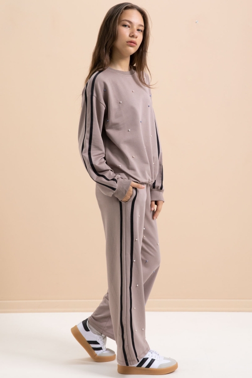 Kahverengi İnci İşlemeli Bisiklet Yaka Kız Çocuk Şeritli Eşofman Takımı 21294