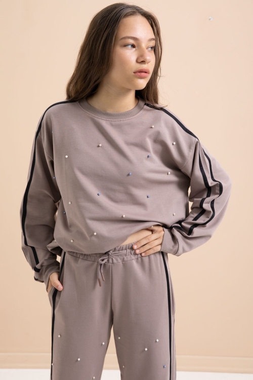 Kahverengi İnci İşlemeli Bisiklet Yaka Kız Çocuk Şeritli Eşofman Takımı 21294