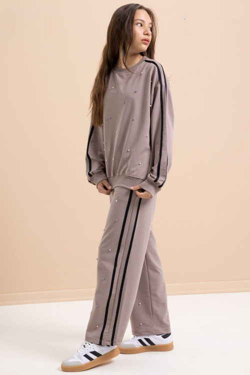 Kahverengi İnci İşlemeli Bisiklet Yaka Kız Çocuk Şeritli Eşofman Takımı 21294