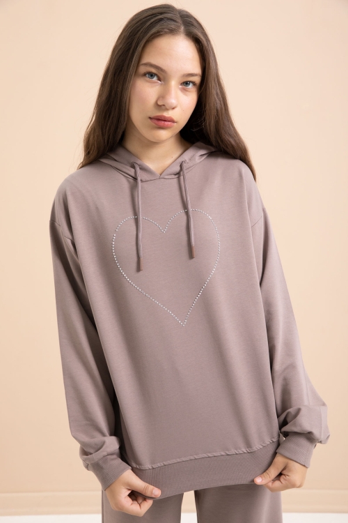 Kahverengi Kalp Desenli Kapüşonlu Kız Çocuk Eşofman Takımı 21255