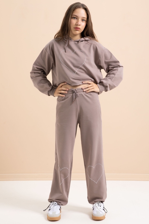 Kahverengi Kalp Desenli Kapüşonlu Kız Çocuk Eşofman Takımı 21255