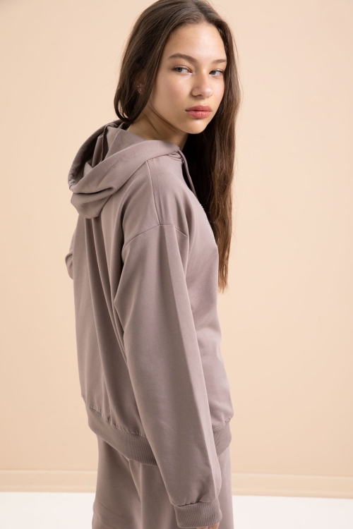 Kahverengi Kalp Desenli Kapüşonlu Kız Çocuk Eşofman Takımı 21255