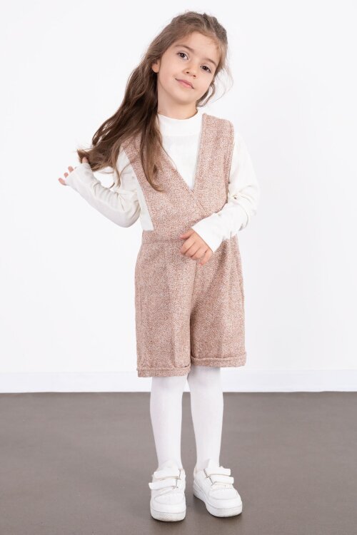 Kahverengi Kız Çocuk Melanj Krem Badili Salopet Takım  22693