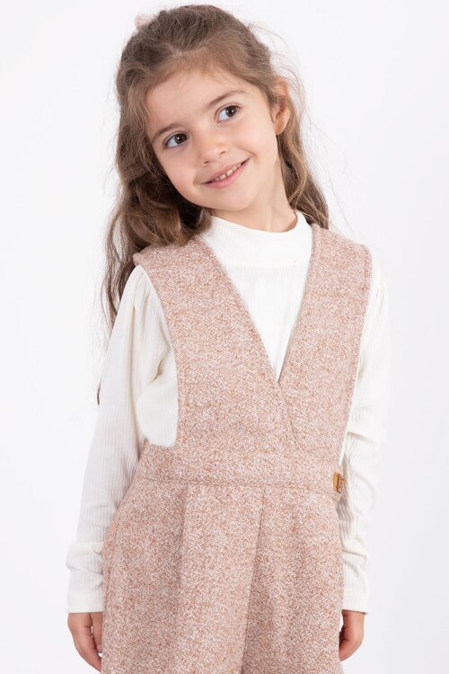 Kahverengi Kız Çocuk Melanj Krem Badili Salopet Takım  22693