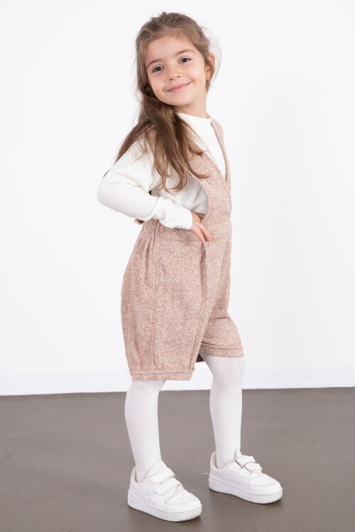 Kahverengi Kız Çocuk Melanj Krem Badili Salopet Takım  22693