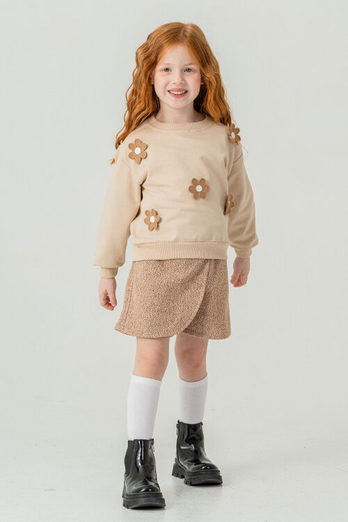 Kahverengi Kız Çocuk Papatya İşlemeli 2li Takım 21530