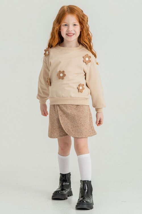 Kahverengi Kız Çocuk Papatya İşlemeli 2li Takım 21530