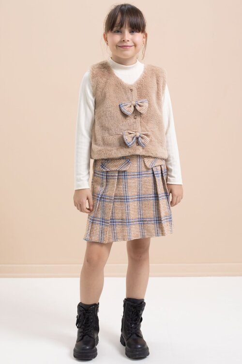 Kahverengi Kız Çocuk Peluş Yelekli Ekose Desenli Şort Etekli 3lü Takım 21526