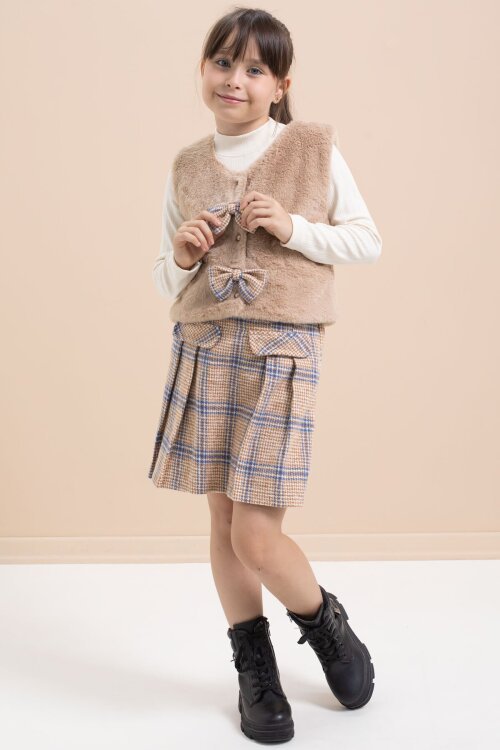 Kahverengi Kız Çocuk Peluş Yelekli Ekose Desenli Şort Etekli 3lü Takım 21526