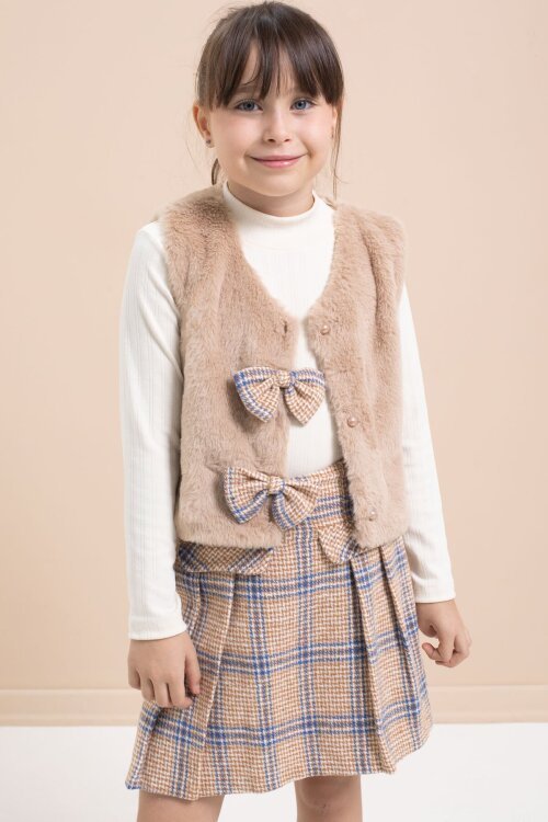 Kahverengi Kız Çocuk Peluş Yelekli Ekose Desenli Şort Etekli 3lü Takım 21526