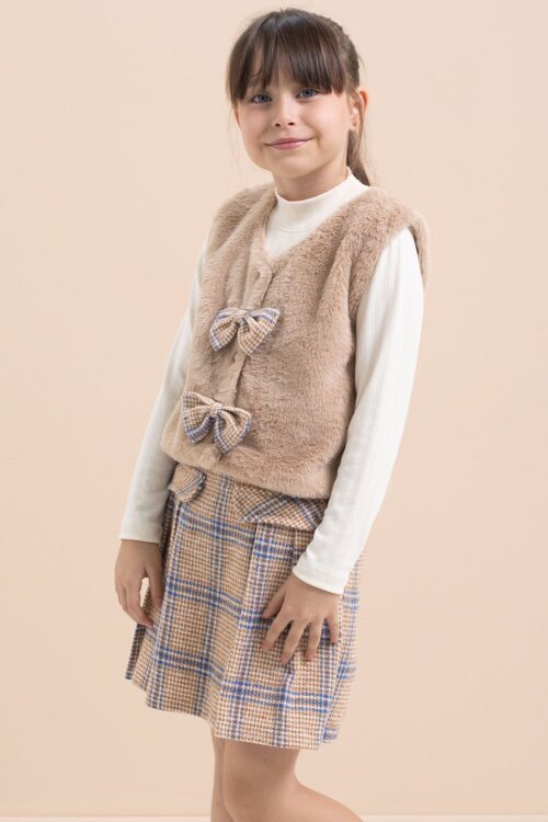 Kahverengi Kız Çocuk Peluş Yelekli Ekose Desenli Şort Etekli 3lü Takım 21526